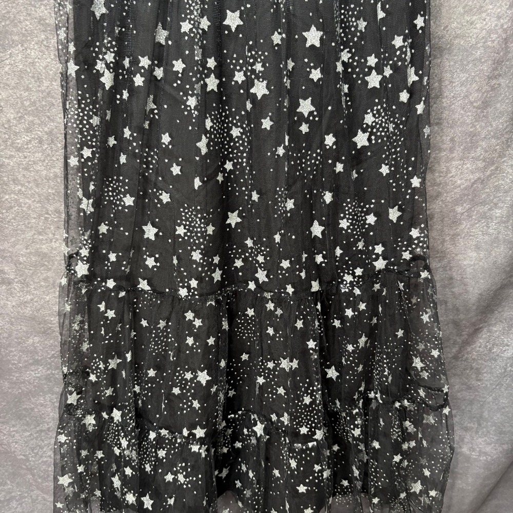 Betsey Johnson Celestial Star Print Mesh Tiered Midi Dress Size 8 Black Silver - Picture 3 of 14